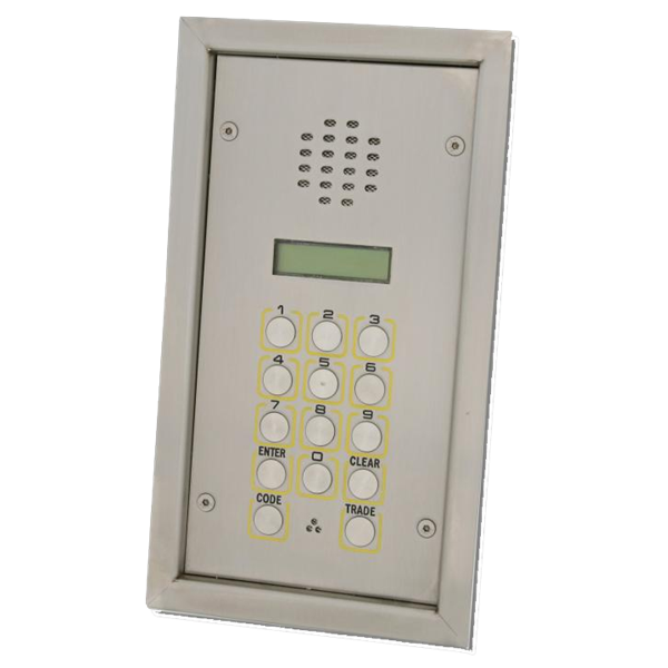 A silver metal intercom and keypad control panel with a small green LCD screen, button layout, and labels for ENTER, CODE, CLEAR, and TRADE, shown on a plain white background. SP300-1