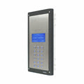 A VIDEX electronic keypad entry device with a brushed stainless steel faceplate, black textured border, blue backlit numeric buttons, and a small blue display screen, shown on a plain white background. videx 4000