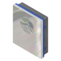 A square wall-mounted shower head shown at an angle on a plain white background. The front features a brushed silver metallic plate with a circular perforated shower head opening, bordered by a blue accent strip. Videx-0