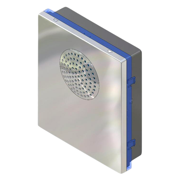 A square wall-mounted shower head shown at an angle on a plain white background. The front features a brushed silver metallic plate with a circular perforated shower head opening, bordered by a blue accent strip. Videx-0