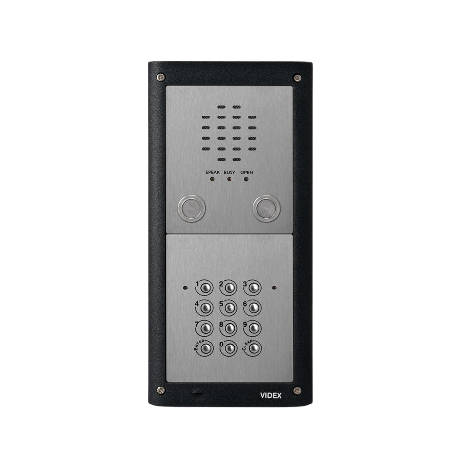 A VIDEK indoor intercom and keypad unit with a brushed silver metal faceplate and black casing, shown against a plain white background. Videx 4k
