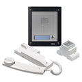 A VIDEX indoor intercom system on a white background, featuring a black and brushed silver wall unit, a white handset with coiled cord, and a white receiver module.