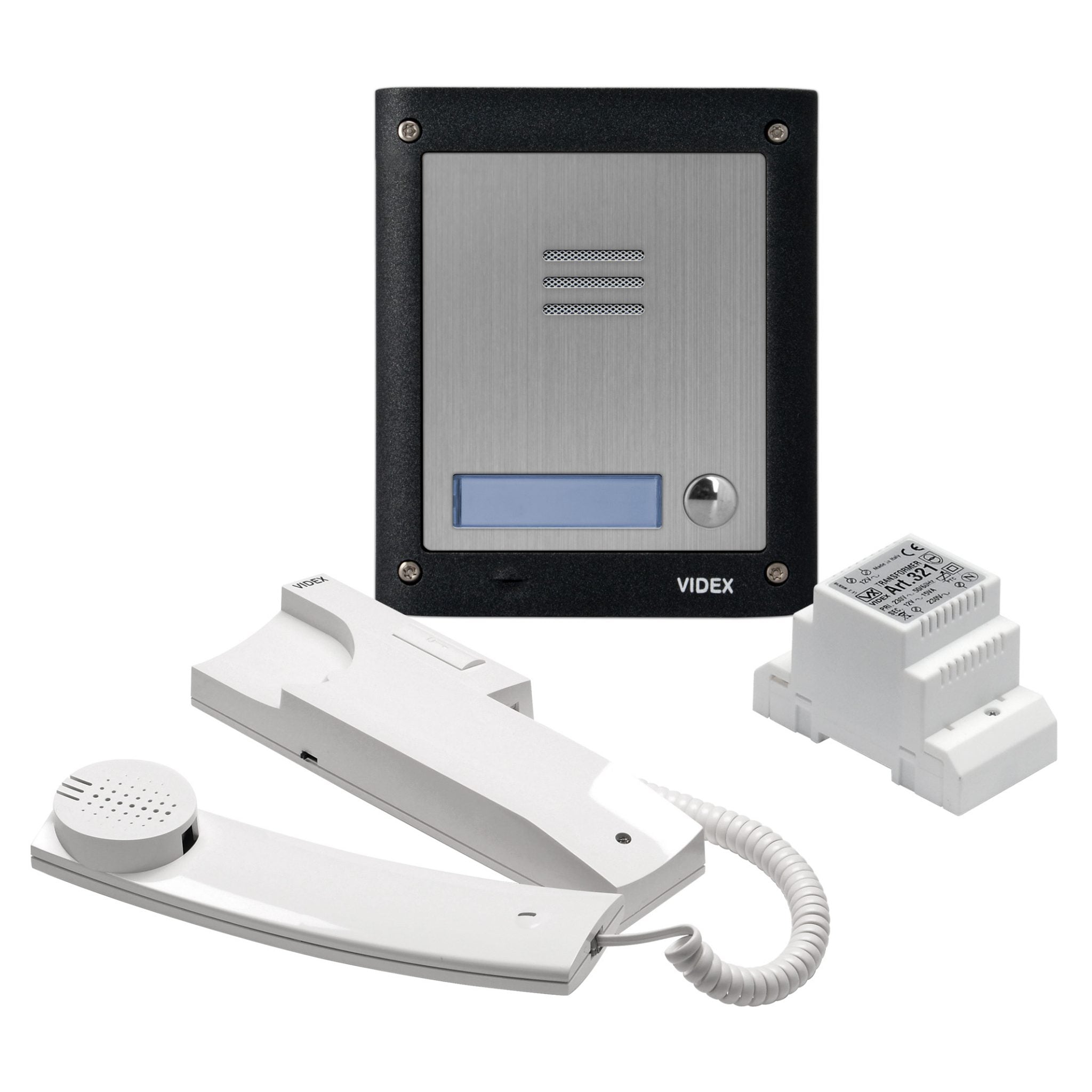 A VIDEX indoor intercom system on a white background, featuring a black and brushed silver wall unit, a white handset with coiled cord, and a white receiver module.