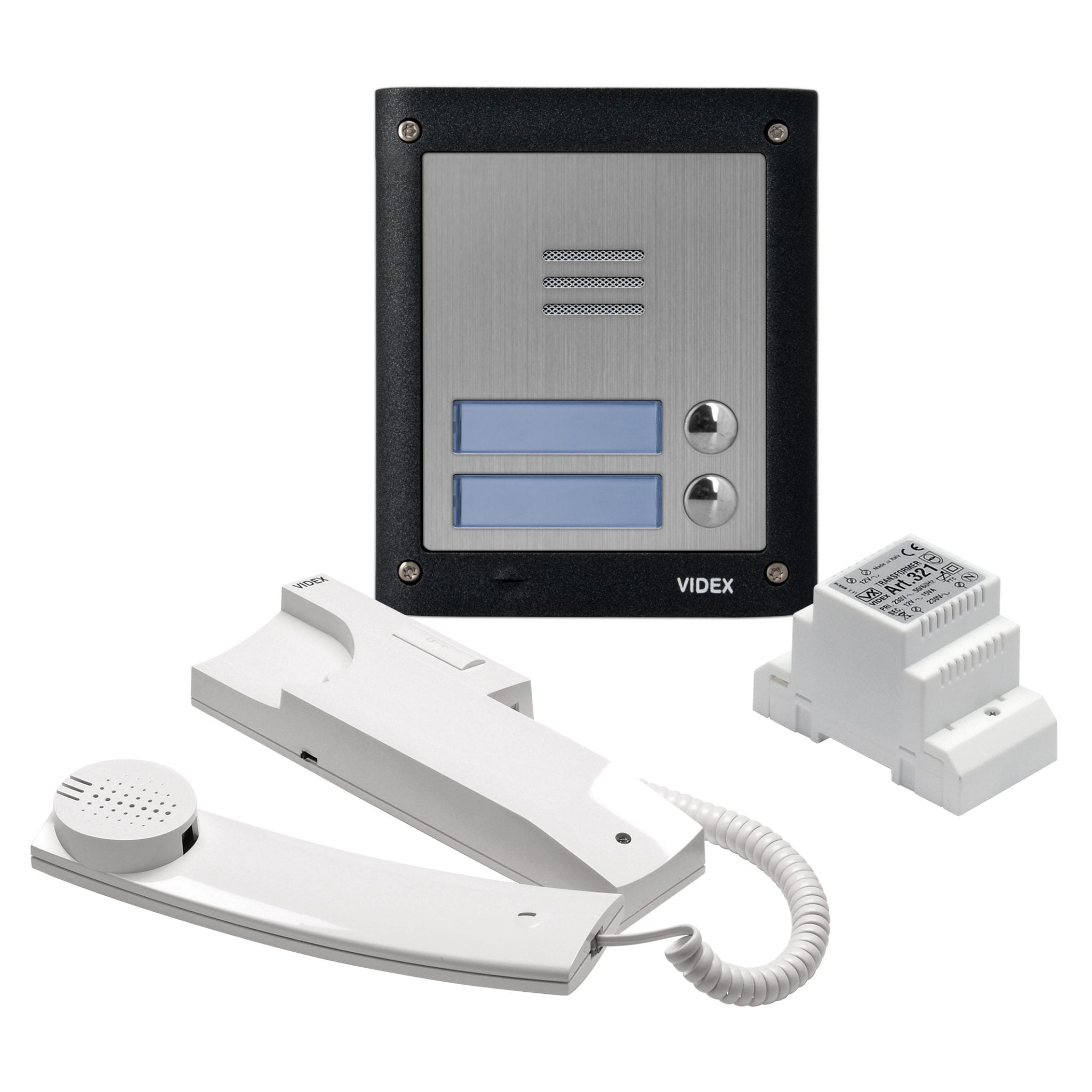 A VIDEX indoor intercom system on a white background, featuring a black and brushed silver wall unit, a white handset with coiled cord, and a white receiver module.