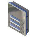 A modern wall-mounted control panel with a brushed metal faceplate, three horizontal blue-lit indicator slots, and three round buttons on the right side, shown on a plain white background. Videx 4000 3 button