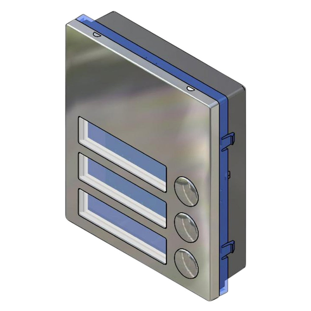 A modern wall-mounted control panel with a brushed metal faceplate, three horizontal blue-lit indicator slots, and three round buttons on the right side, shown on a plain white background. Videx 4000 3 button