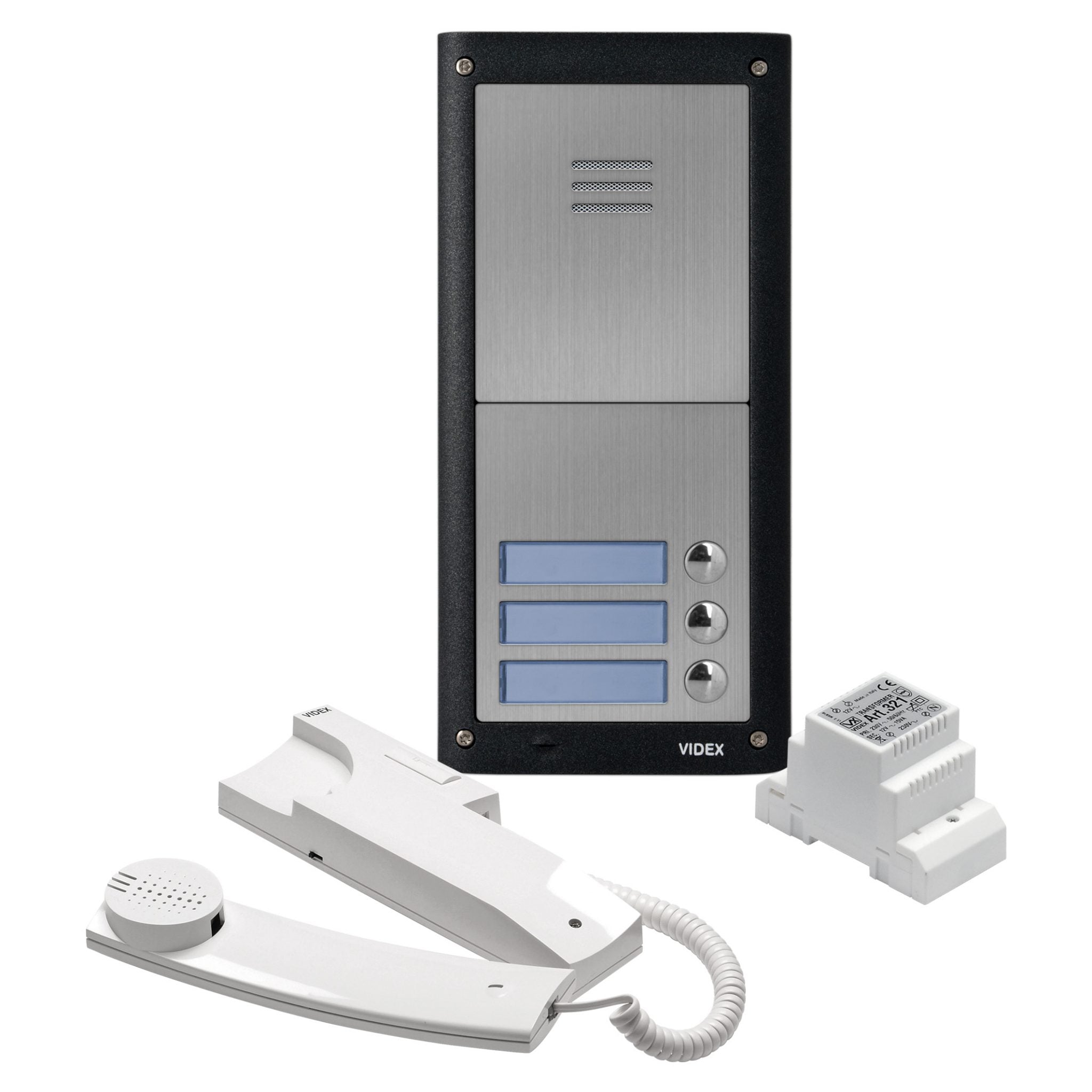 A VIDEK indoor intercom system on a white background, featuring a black and brushed stainless steel panel with blue display screens, a white handset with coiled cord, and a white wall adapter.