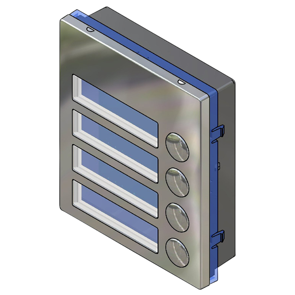 A wall-mounted metal control panel with four rectangular blue display screens and four round blue buttons on the right side, shown on a plain white background. videx 4000 4 button