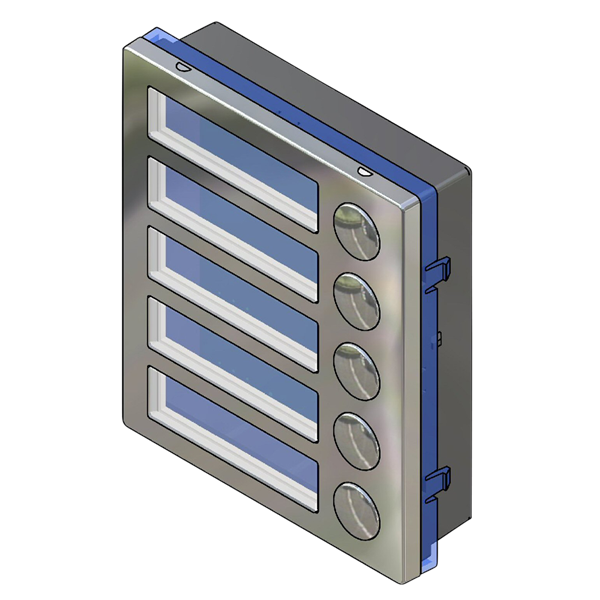 A rectangular wall-mounted control panel or switchbox with five horizontal blue-lit rectangular slots on the front and five round push-button switches on the right side, shown on a plain white background. videx 4000 5 button