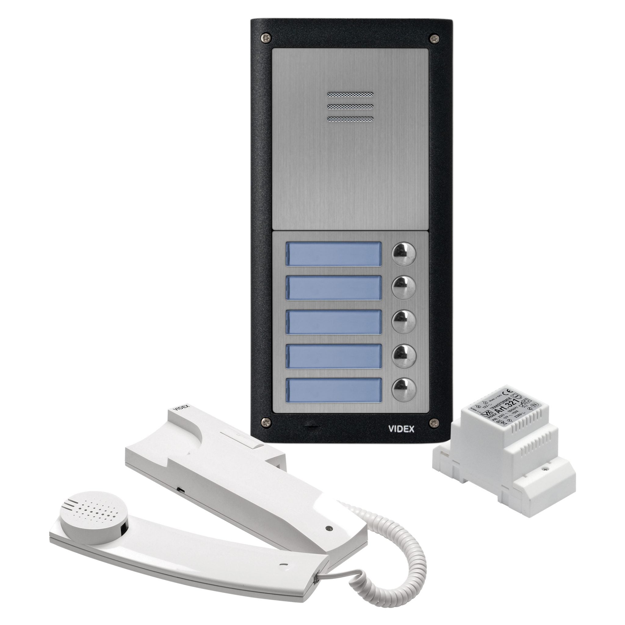 A VIDEK indoor intercom system on a white background, featuring a black and brushed silver panel unit with blue display screens, a white handset with coiled cord, and a white wall adapter.