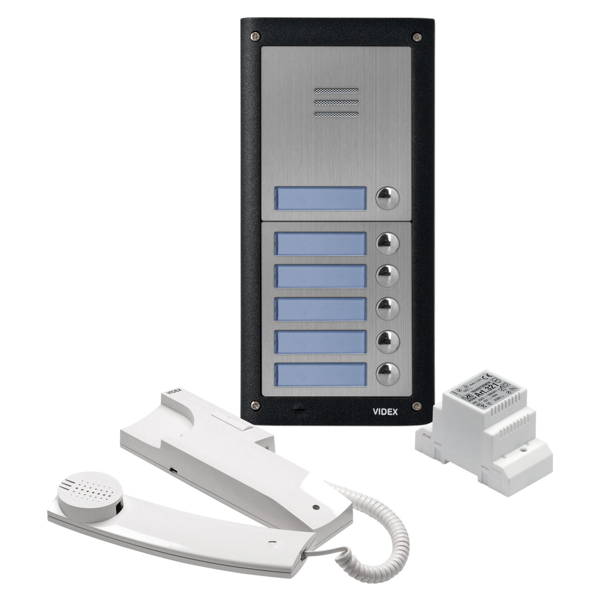A VIDEK indoor intercom system on a white background, featuring a black and brushed silver panel phone box with blue display screens, a white handset with coiled cord, and a white baseplate.
