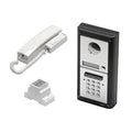 A white and black intercom system set including a wall-mounted panel with a keypad, speaker, and display, a corded handset, and a small white connector block, shown on a plain white background.