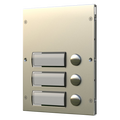A modern three-button intercom or access control wall plate in brushed gold metal, featuring three rectangular touch panels and three round push buttons on a clean white background.