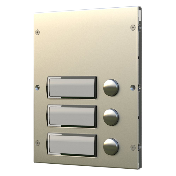 A modern three-button intercom or access control wall plate in brushed gold metal, featuring three rectangular touch panels and three round push buttons on a clean white background.
