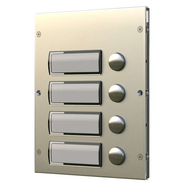 A modern metal intercom panel with four rectangular touch-sensitive call windows and four round metallic buttons, finished in a brushed champagne-gold color.
