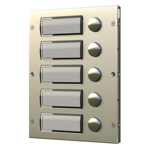 A modern 5-button intercom or lobby control panel with a brushed metallic champagne-gold finish, featuring four rectangular push-button slots and one round button on each side, shown on a solid white background.