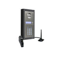A digital intercom and alarm control panel with a keypad, speaker, and screen, shown with a separate black antenna and a small black alarm module on a plain white background.