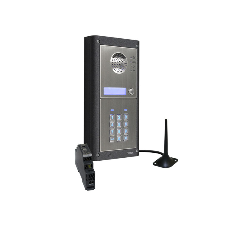 A digital intercom and alarm control panel with a keypad, speaker, and screen, shown with a separate black antenna and a small black alarm module on a plain white background.