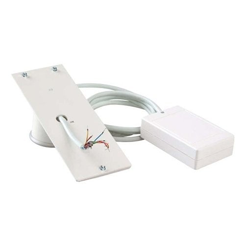 A white electronic sensor or switch assembly with a flat mounting plate, attached cable, exposed wire terminals, and a rectangular control box on a plain white background.