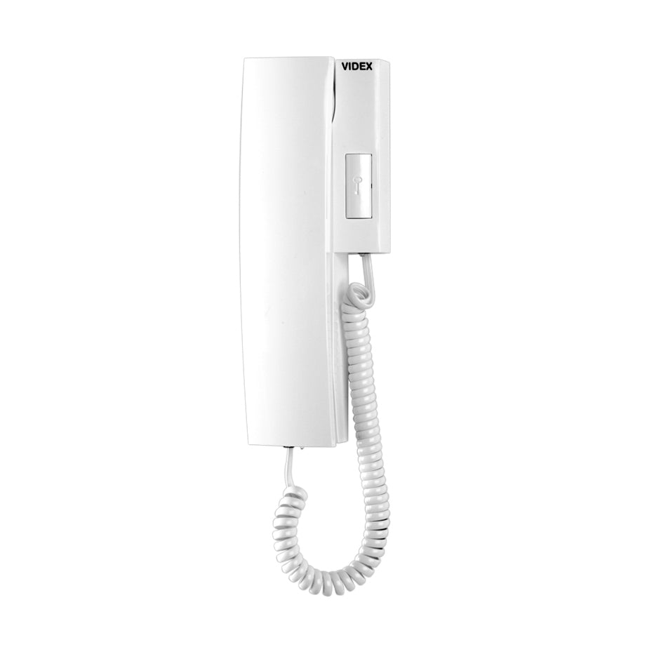 A white VIDEX wall-mounted landline phone with a coiled cord, shown against a plain white background.