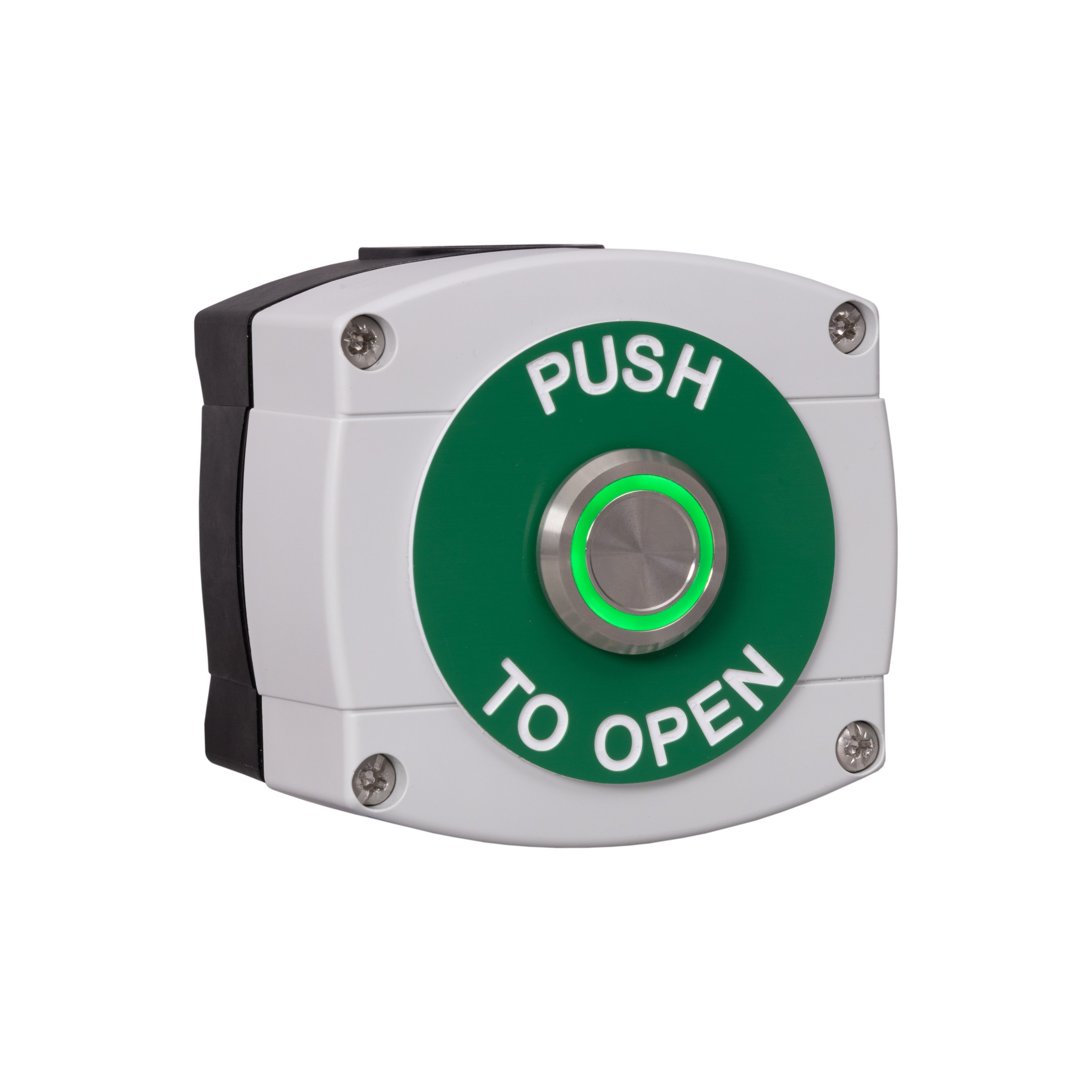 Green 'Push to Open' button on a white background